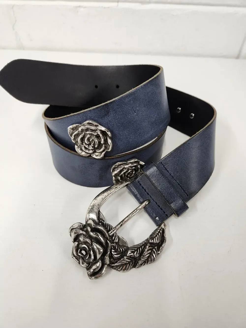 Unique Antoniazzi Firenze Women's Leather Elegant Belt, Sz XL, Navy Blue/Silver